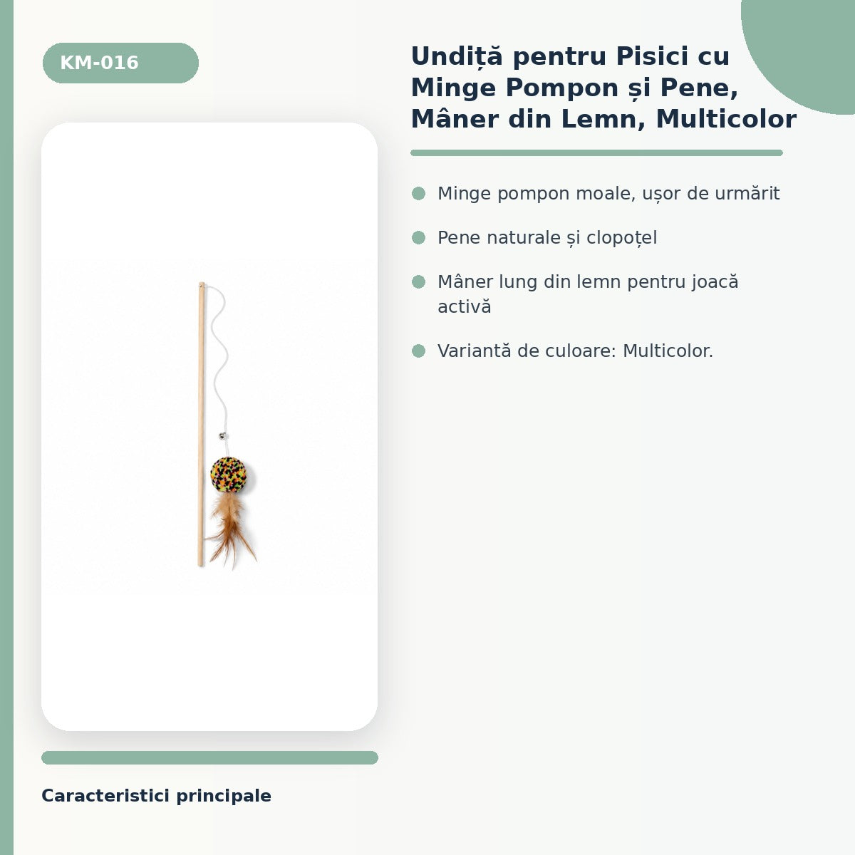 Undita pentru Pisici cu Minge Pompon si Pene, Maner din Lemn, Multicolor – imagine 3