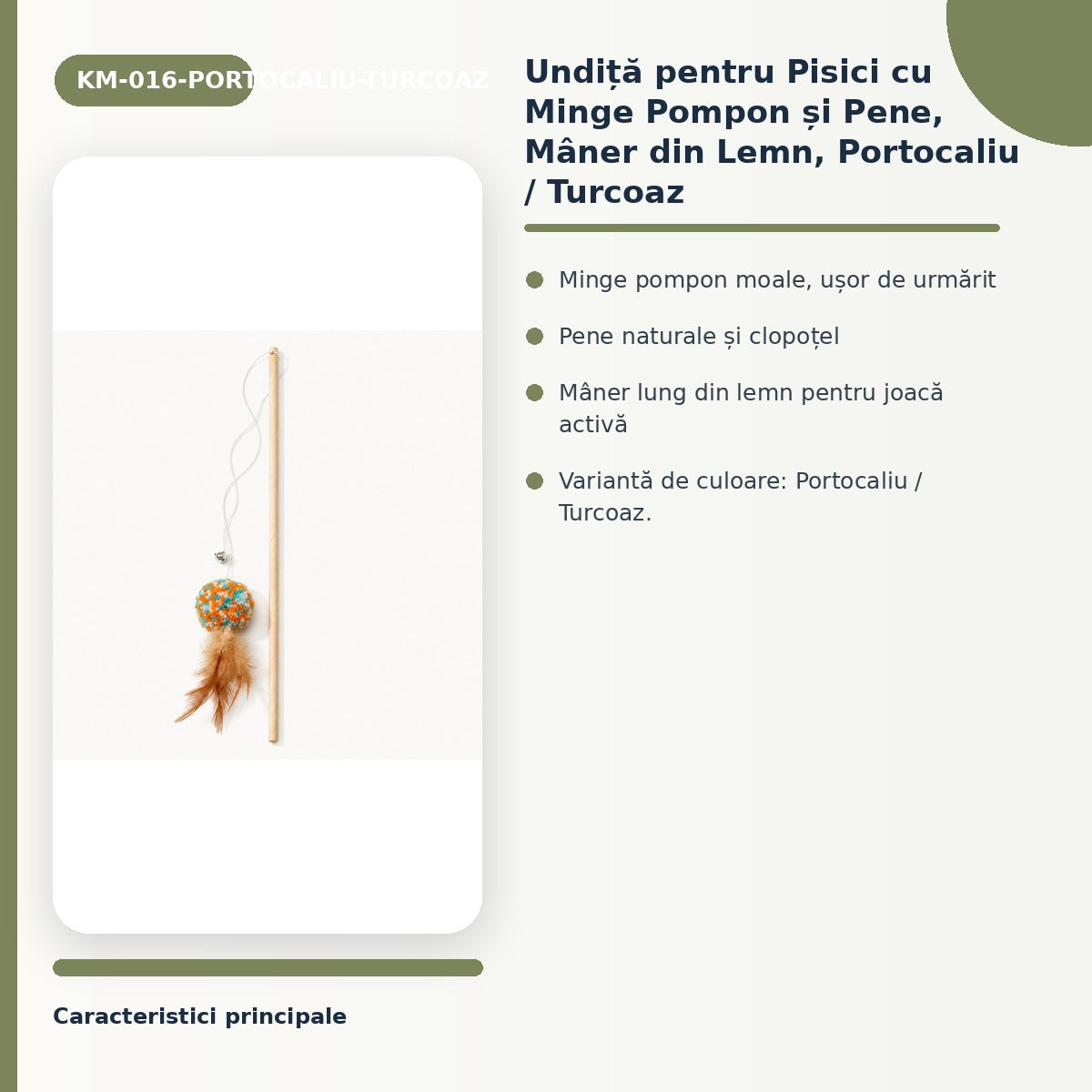 Undiță pentru Pisici cu Minge Pompon și Pene, Mâner din Lemn, Portocaliu / Turcoaz – imagine 3