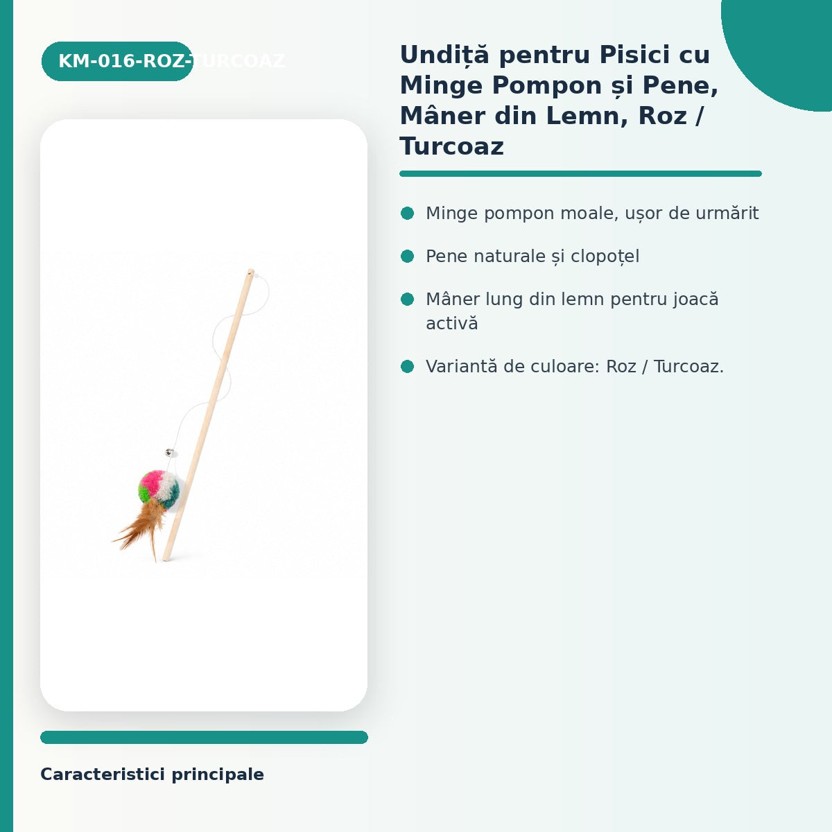 Undiță pentru Pisici cu Minge Pompon și Pene, Mâner din Lemn, Roz / Turcoaz – imagine 3