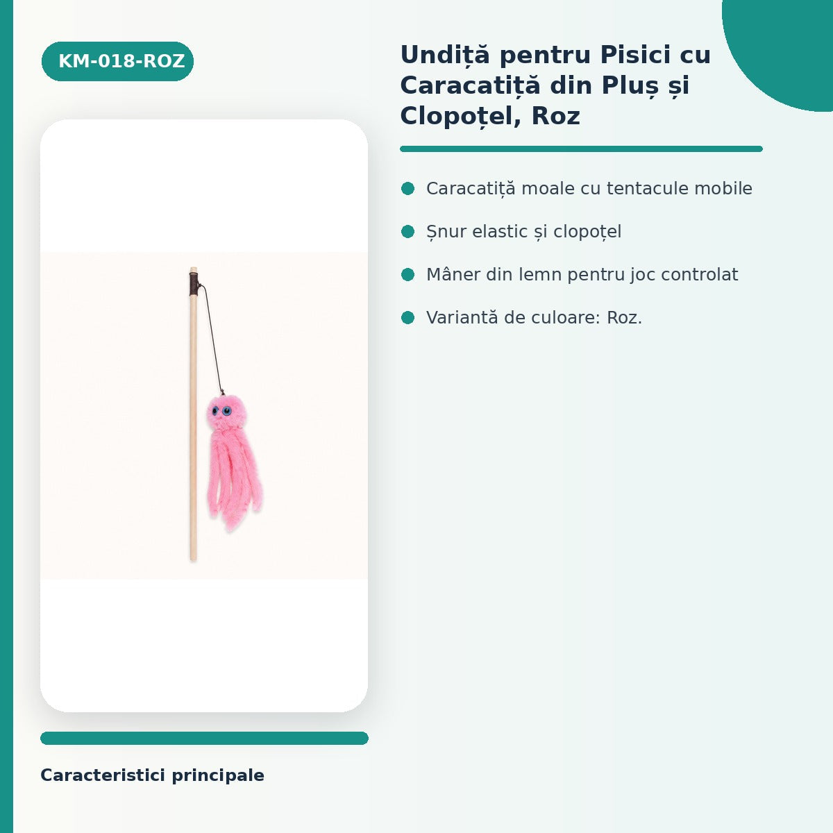 Undiță pentru Pisici cu Caracatiță din Pluș și Clopoțel, Roz – imagine 3
