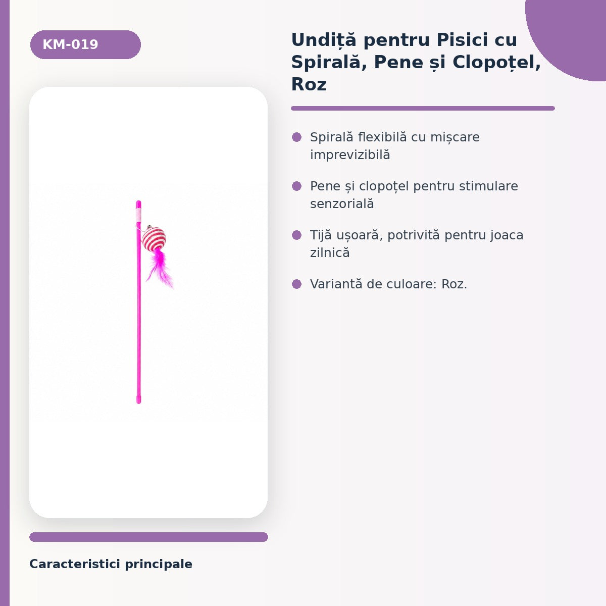 Undiță pentru Pisici cu Spirală, Pene și Clopoțel, Roz – imagine 3