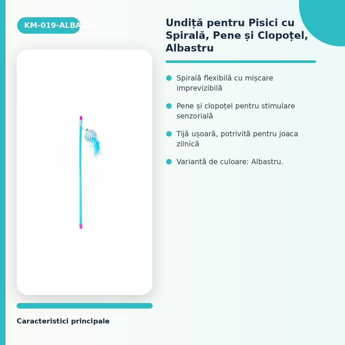 Undiță pentru Pisici cu Spirală, Pene și Clopoțel, Albastru – imagine 3
