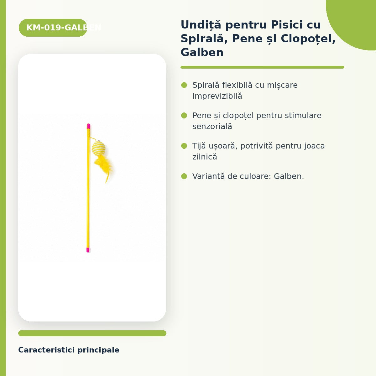 Undiță pentru Pisici cu Spirală, Pene și Clopoțel, Galben – imagine 3