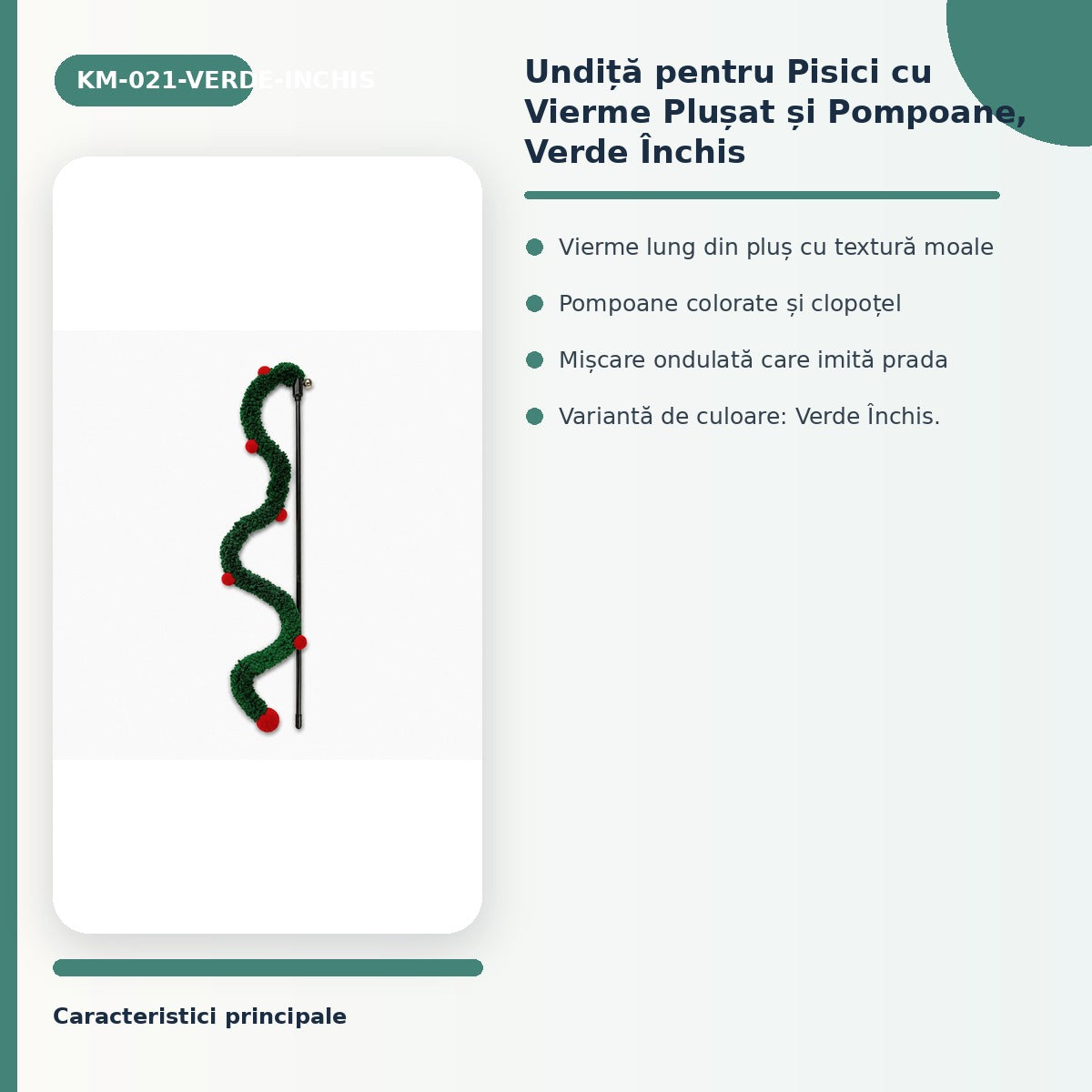 Undiță pentru Pisici cu Vierme Plușat și Pompoane, Verde Închis – imagine 3