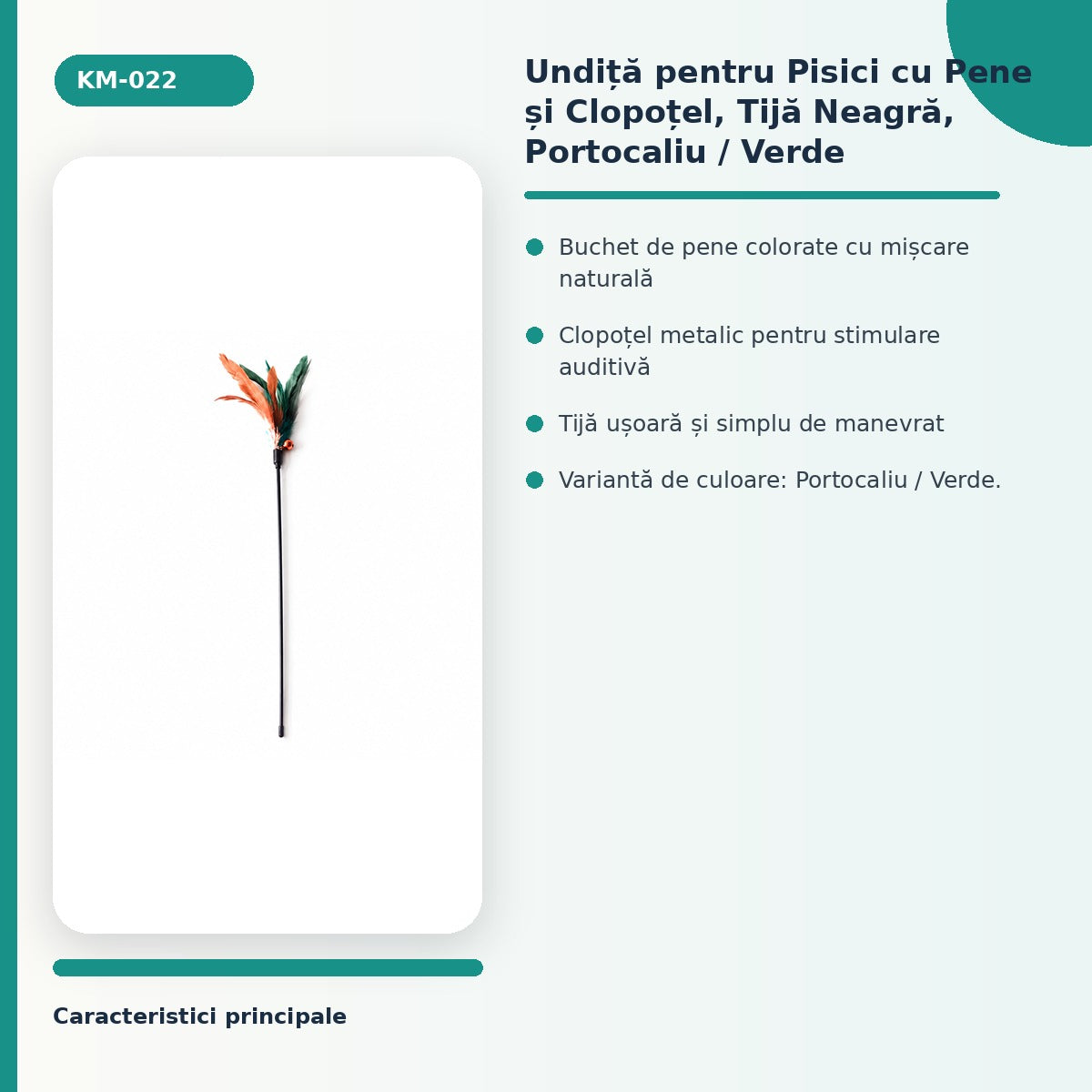 Undita pentru Pisici cu Pene si Clopotel, Tija Neagra, Portocaliu / Verde – imagine 3