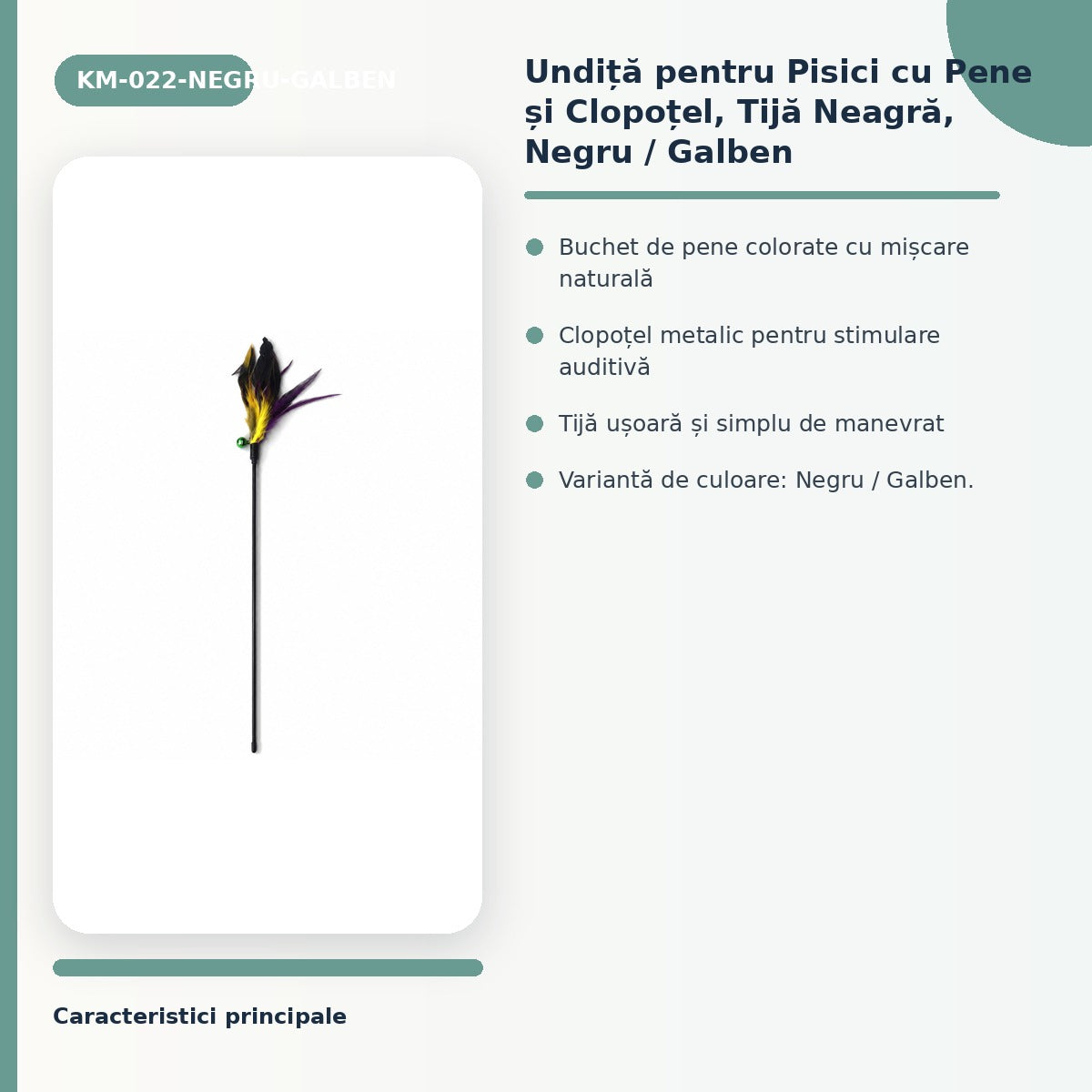 Undiță pentru Pisici cu Pene și Clopoțel, Tijă Neagră, Negru / Galben – imagine 3