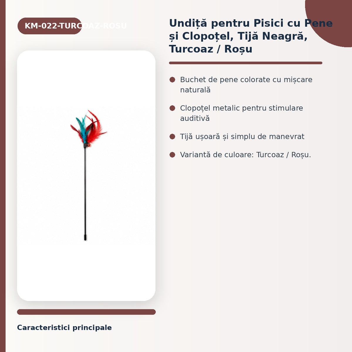 Undiță pentru Pisici cu Pene și Clopoțel, Tijă Neagră, Turcoaz / Roșu – imagine 3