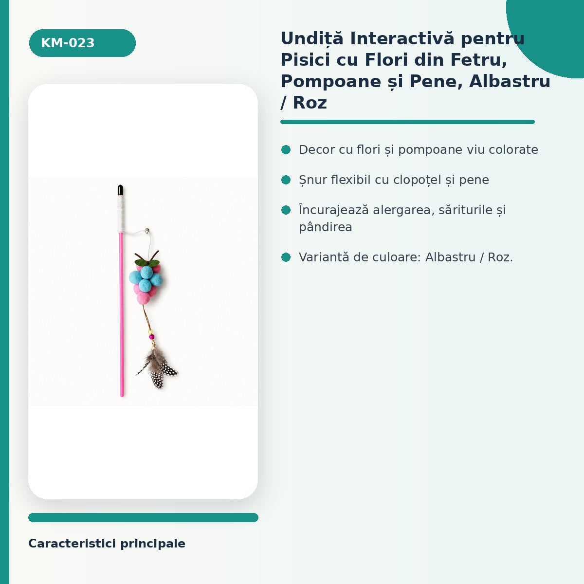Undiță Interactivă pentru Pisici cu Flori din Fetru, Pompoane și Pene, Albastru / Roz – imagine 3