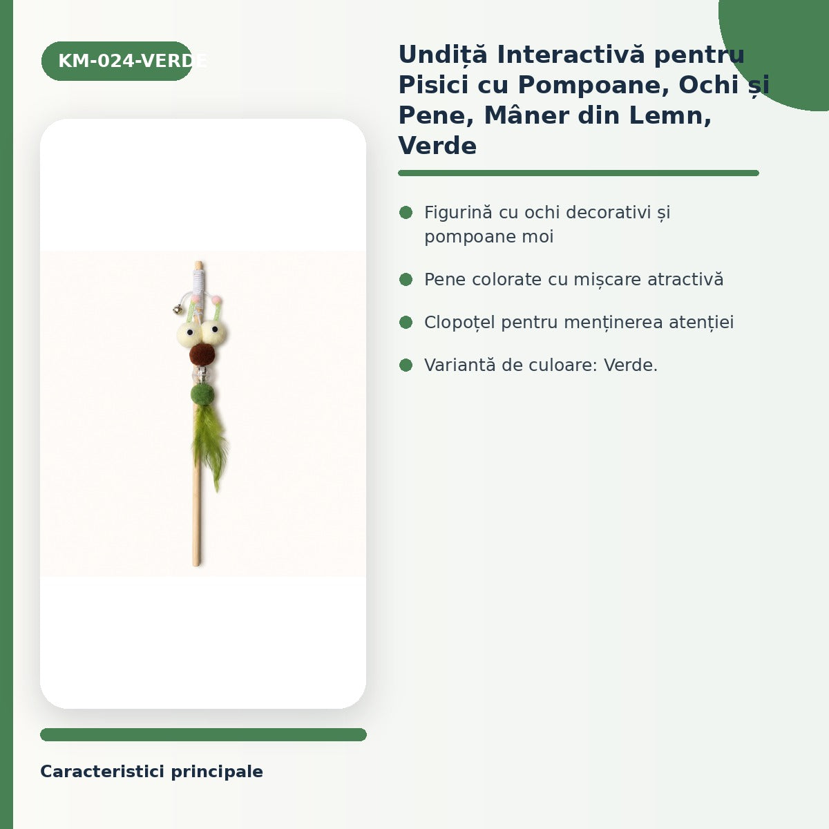 Undiță Interactivă pentru Pisici cu Pompoane, Ochi și Pene, Mâner din Lemn, Verde – imagine 3