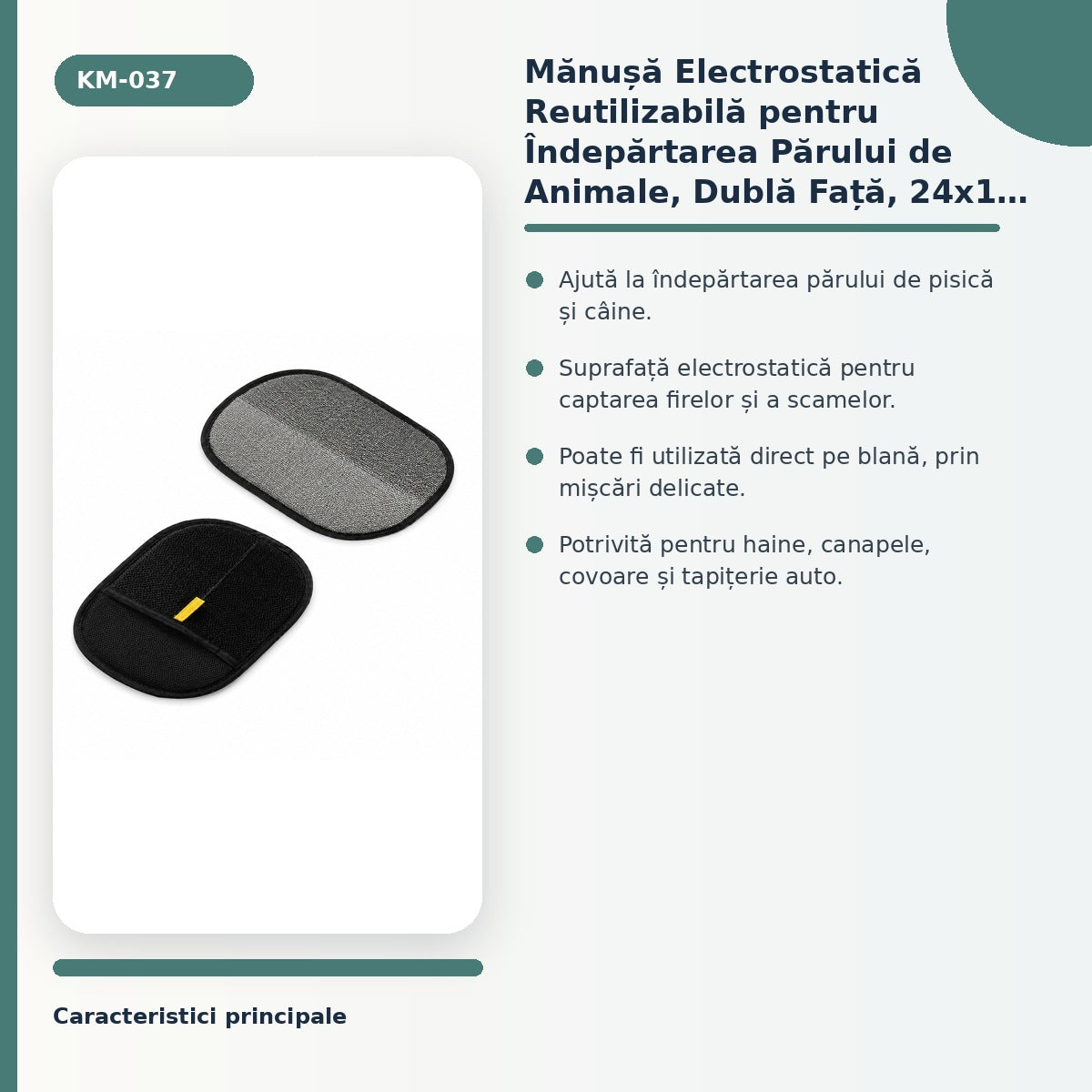 Mănușă Electrostatică Reutilizabilă pentru Îndepărtarea Părului de Animale, Dublă Față, 24x16 cm, Negru/Gri – imagine 3
