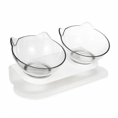 Set 2 Boluri Transparente Înălțate pentru Pisici și Câini Mici, Suport Înclinat 15°, 27,5x13,5 cm, Alb/Transparent