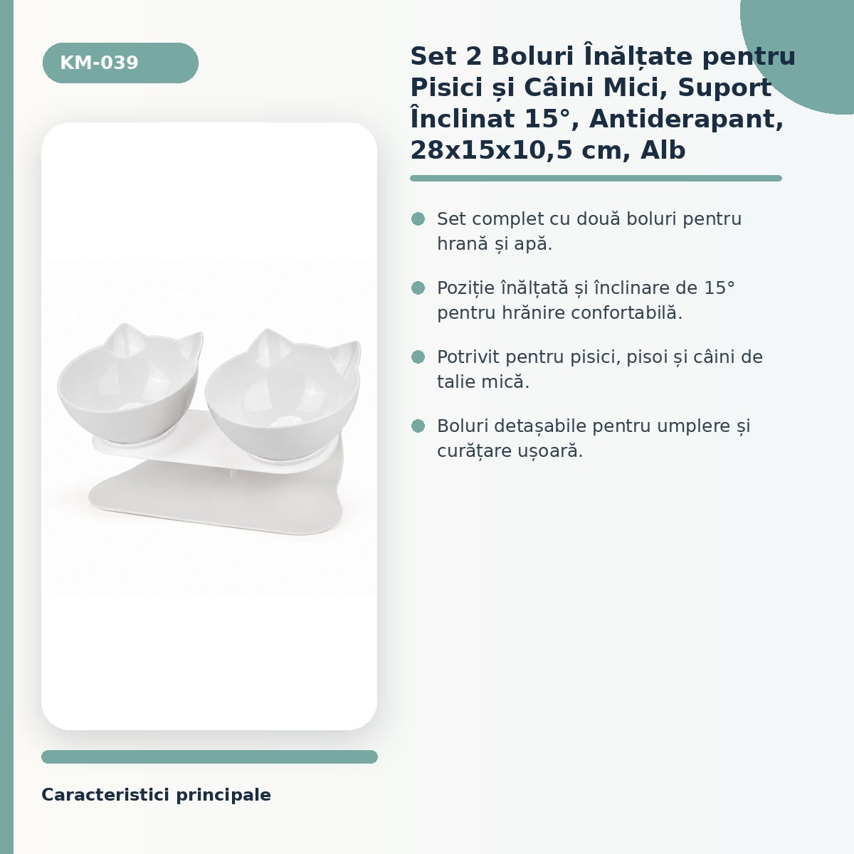 Set 2 Boluri inaltate pentru Pisici si Caini Mici, Suport inclinat 15°, Antiderapant, 28x15x10,5 cm, Alb – imagine 3
