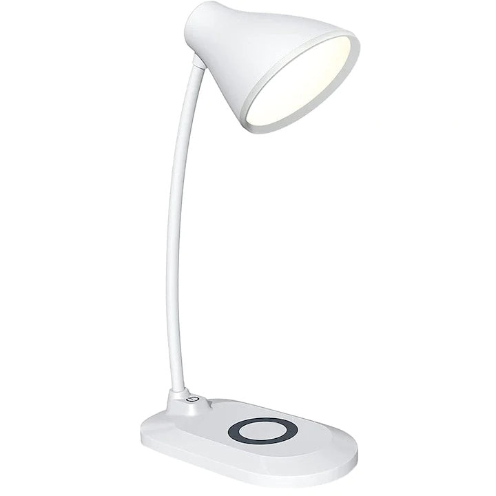 Lampa de birou, cu incarcator pentru telefon wireless, brat reglabil, cu 3 nivele de iluminare, cu suport antialunecare, prevazuta cu buton de tip touch, alb