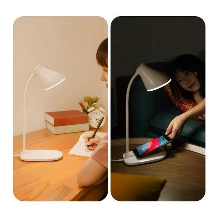 Lampa de birou, cu incarcator pentru telefon wireless, brat reglabil, cu 3 nivele de iluminare, cu suport antialunecare, prevazuta cu buton de tip touch, alb