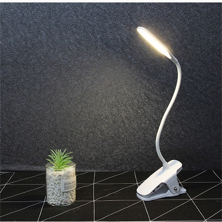 Lampa de birou, LED, alimentare USB, prindere tip clama, din ABS, brat flexibil, buton On/Off, lumina rece, alb
