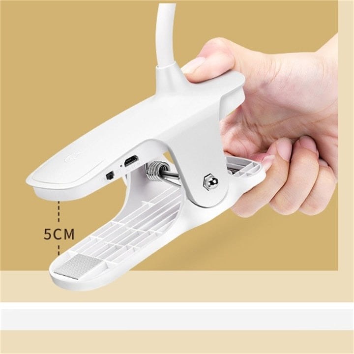 Lampa de birou, LED, alimentare USB, prindere tip clama, din ABS, brat flexibil, buton On/Off, lumina rece, alb