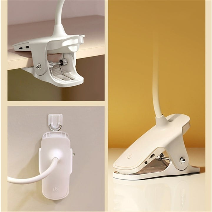 Lampa de birou, LED, alimentare USB, prindere tip clama, din ABS, brat flexibil, buton On/Off, lumina rece, alb
