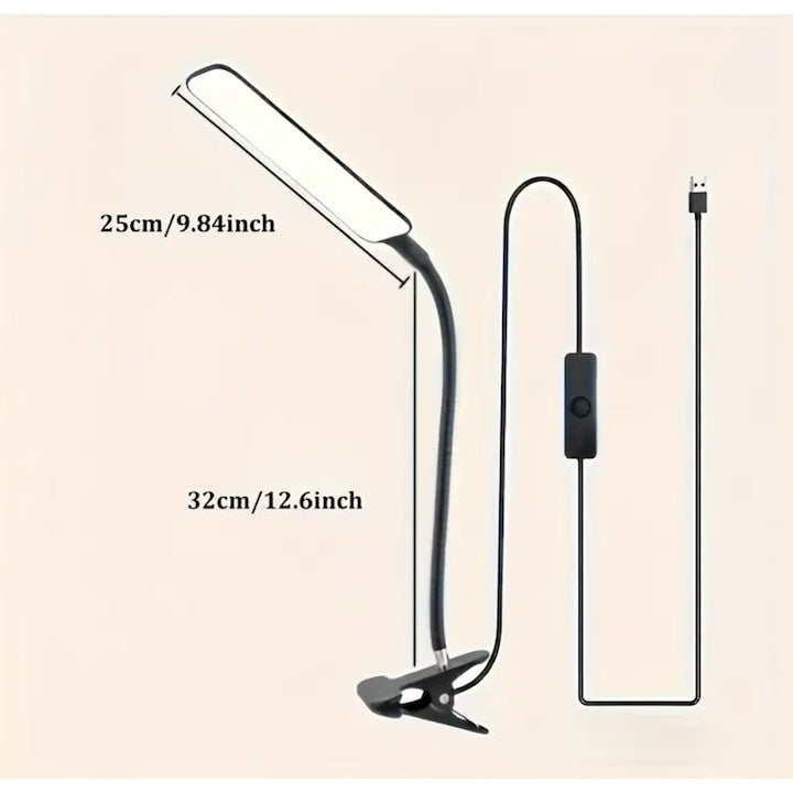 Lampa de birou, LED, alimentare USB, prindere tip clama, din ABS, brat flexibil, buton On/Off, lumina rece, negru
