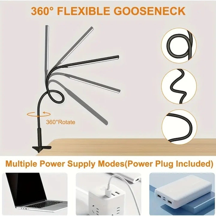 Lampa de birou, LED, alimentare USB, prindere tip clama, din ABS, brat flexibil, buton On/Off, lumina rece, negru
