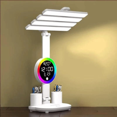 Lampa de birou, SMART, flexibil 30-47cm, cu ceas, data si temperatura, suport anti-alunecare, cu 2 organizatoare, din ABS, alb
