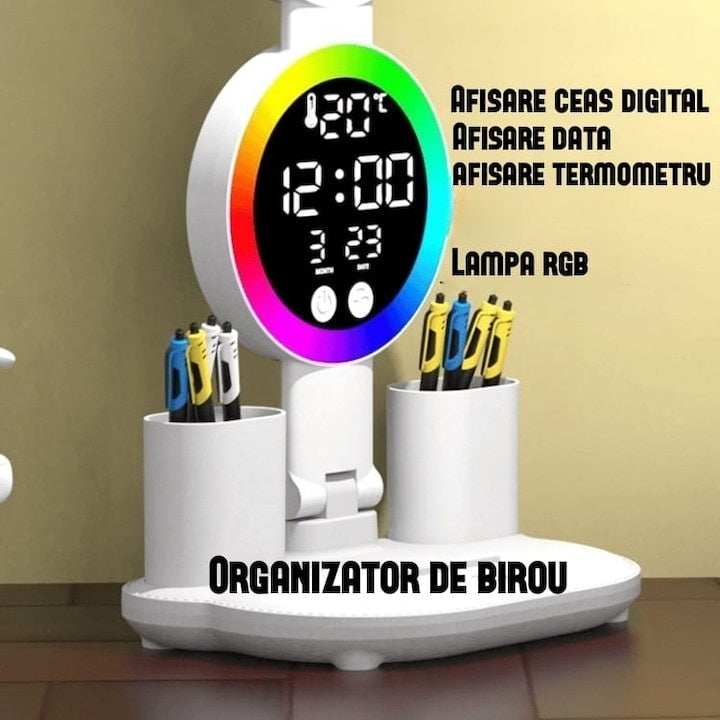 Lampa de birou, SMART, flexibil 30-47cm, cu ceas, data si temperatura, suport anti-alunecare, cu 2 organizatoare, din ABS, alb