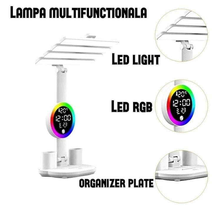 Lampa de birou, SMART, flexibil 30-47cm, cu ceas, data si temperatura, suport anti-alunecare, cu 2 organizatoare, din ABS, alb