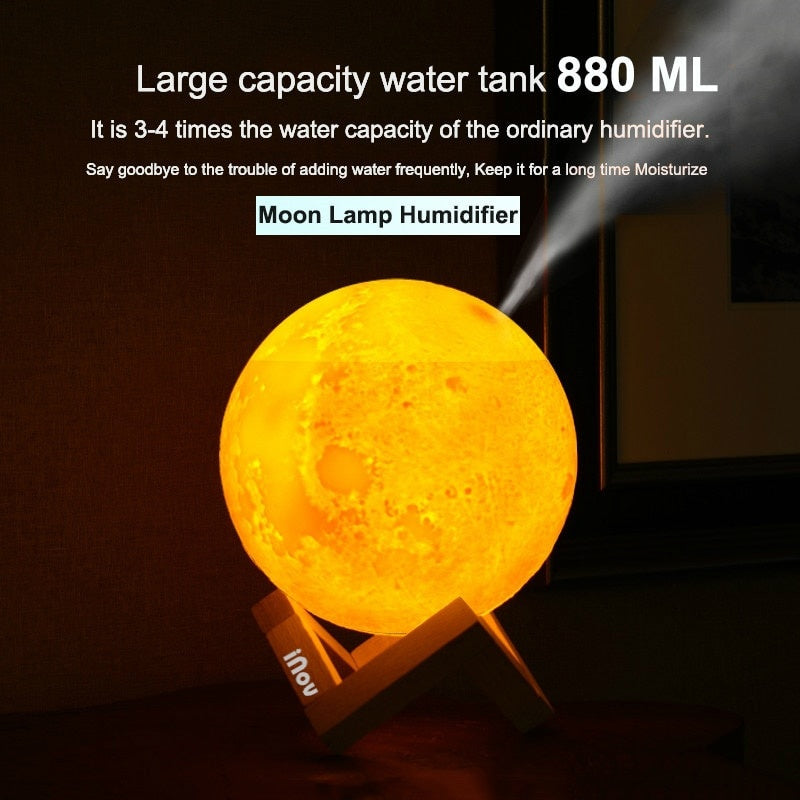 Lampa de veghe cu umidificator de aromaterapie, Luna iNOV Moon 3D, 880 ml, 13 cm, lumina 3 culori + stand lemn