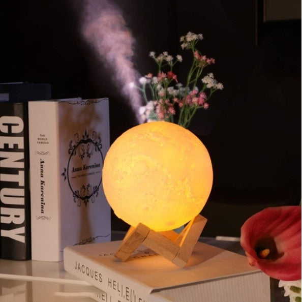 Lampa de veghe cu umidificator, Luna Moon 3D, Aromaterapie, 880ml, lumina 3 culori + stand lemn