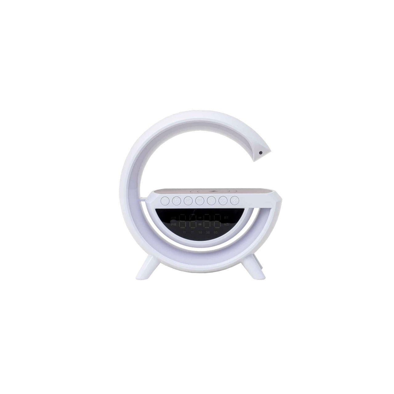 Lampa LED 4 in 1 cu boxa, ceas si incarcator wireless 15W, dimensiuni 22x8x24 cm