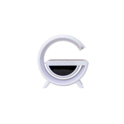 Lampa LED 4 in 1 cu boxa, ceas si incarcator wireless 15W, dimensiuni 22x8x24 cm