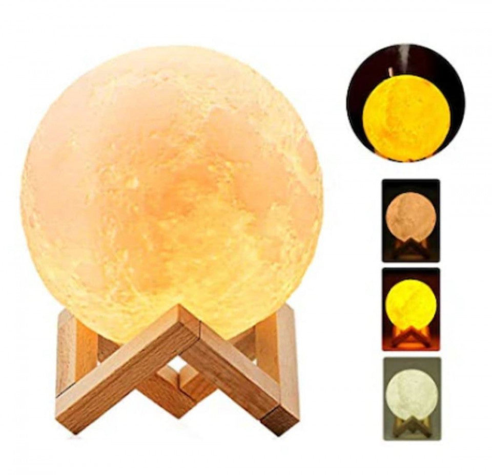 Lampa Luna cu Difuzor Aromaterapie, 3 lumini, imprimata 3D, cu touch, modelul nou cu Stand Lemn, FOXMAG24
