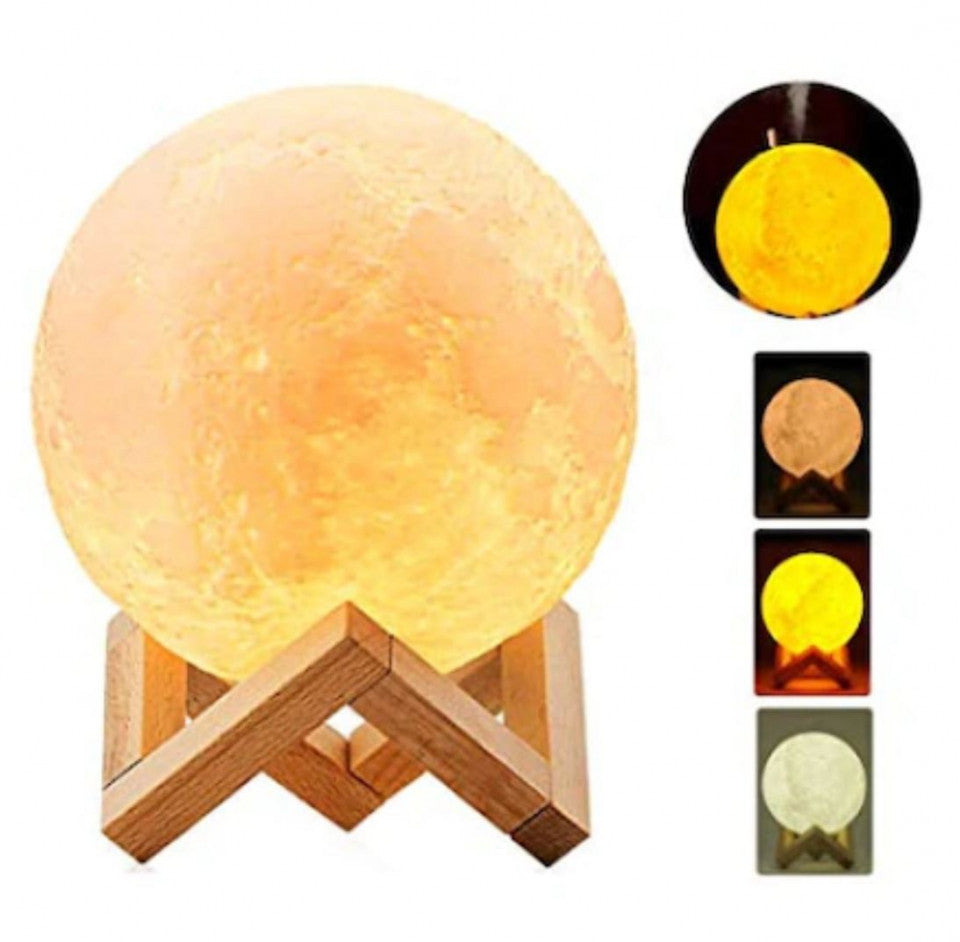 Lampa Luna cu Difuzor Aromaterapie, 3 lumini, imprimata 3D, cu touch, modelul nou cu Stand Lemn, FOXMAG24
