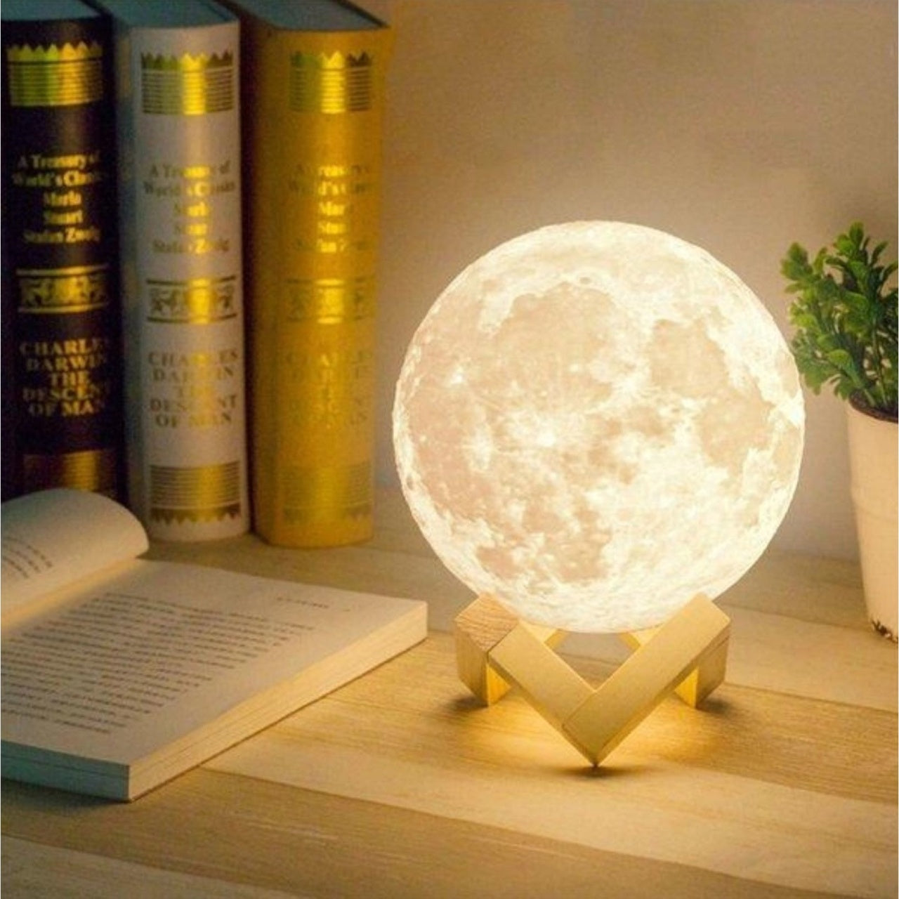 Lampa Luna cu umidificator 3D 15 CM LED, Stand Lemn, Alb Cald si Rece, Intensitate Reglabila, FOXMAG24®