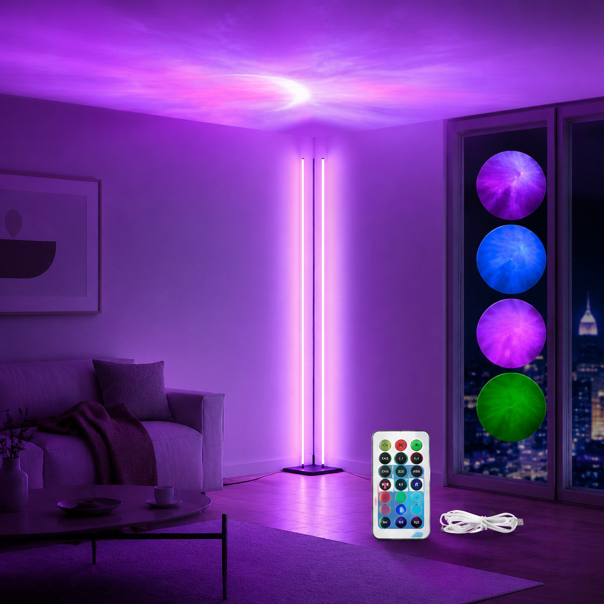 Lampă RGB de Podea pentru Colț, cu Telecomandă și Aplicație – imagine 2