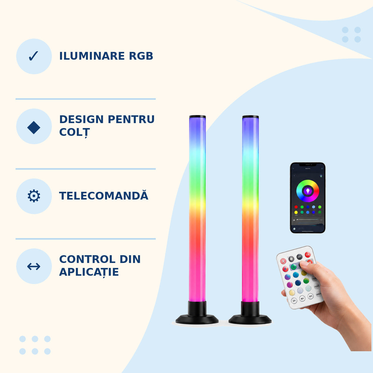 Lampă RGB de Podea Tip Colț, cu Telecomandă și Control din Aplicație – caracteristici