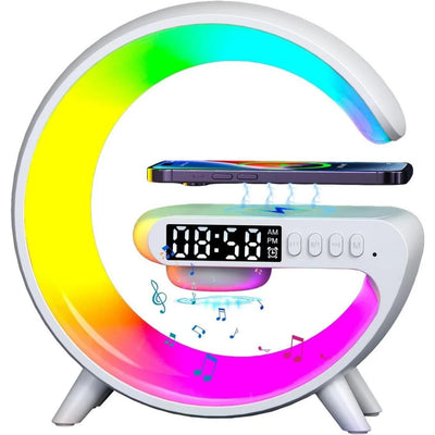 Lampa smart LED, cu functie de boxa si Incarcator Wireless rapid, cu lumini ambientale, sincronizare muzicala, Bluetooth, afisaj ceas digital, alarma, 7 tipuri de lumini colorate, alb
