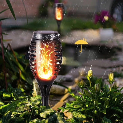 Lampa solara de gradina, tip torta, cu efect de flacara, lumina calda, rezistnta la apa si intemperii, din ABS, negru