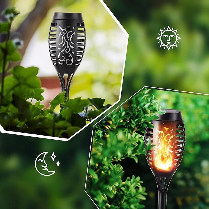 Lampa solara de gradina, tip torta, cu efect de flacara, lumina calda, rezistnta la apa si intemperii, din ABS, negru