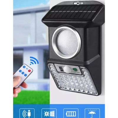 Lampa solara de perete, cu 59 de LED-uri albe si colorate, cu senzor de miscare, panou solar de 3W, autonomie 10h, cu telecomanda, negru