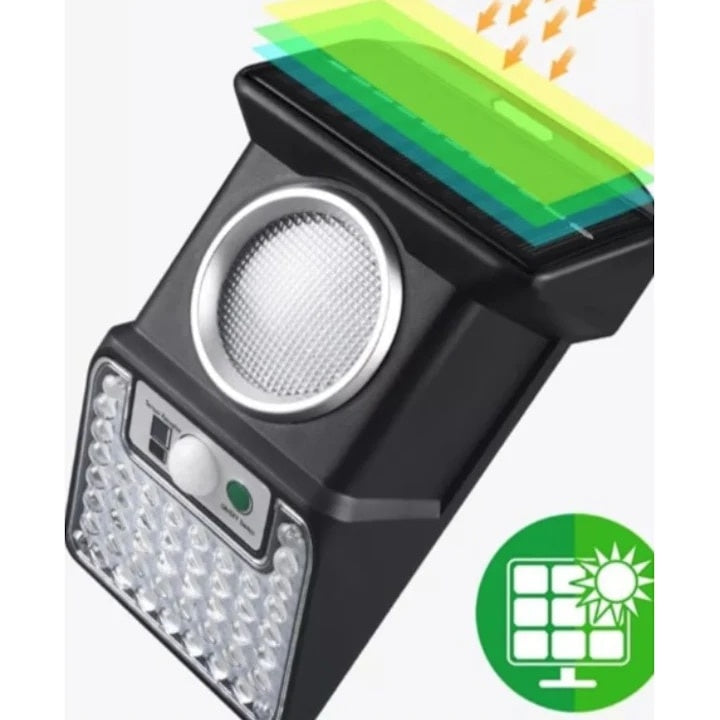 Lampa solara de perete, cu 59 de LED-uri albe si colorate, cu senzor de miscare, panou solar de 3W, autonomie 10h, cu telecomanda, negru