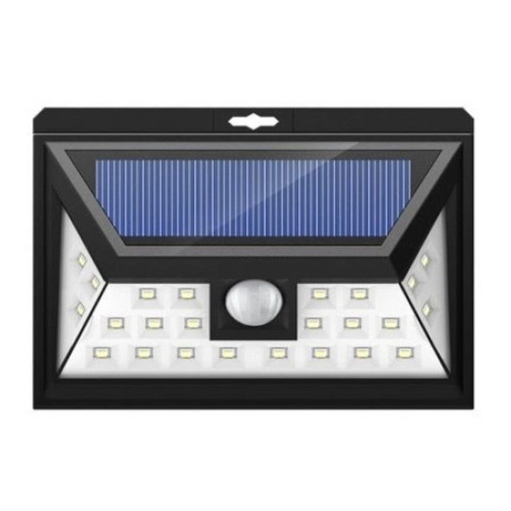 Lampa solara de perete, cu senzor de miscare, 24 LED-uri, rezistenta la apa, unghi de iluminare 120 °, negru