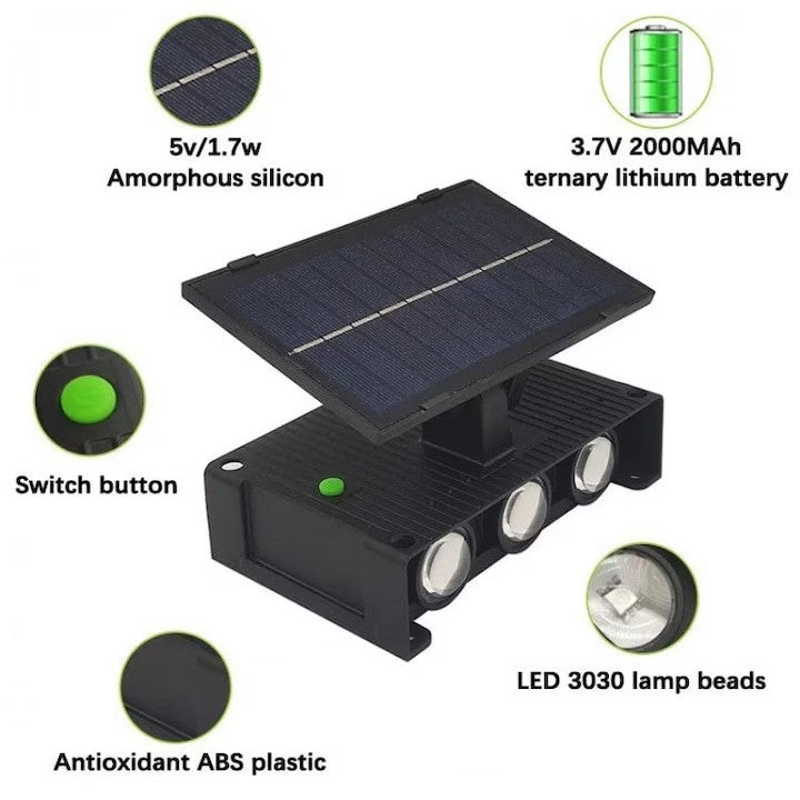 Lampa solara de perete, din ABS, cu 6 LEDuri, autonomie 10h, rezistenta la apa, cu lumina calda, negru