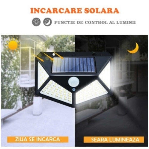 Lampa solara FOXMAG24 cu incarcare solara, 100 leduri, montare pe perete, alb/negru