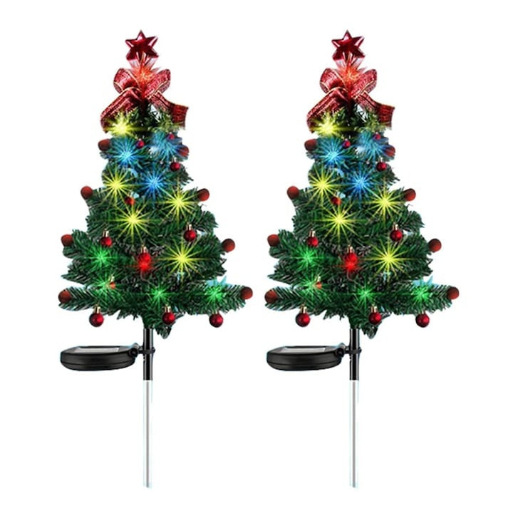 Lampa solara pentru gradina, LED, forma de brad, waterproof, cu tarus, 68cm inaltime, multicolor