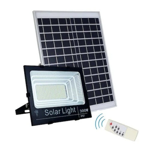 Lampa Solara Stradala LED de Exterior FOXMAG24, Panou Solar Inclus, Putere 300 W, Telecomanda Wireless Inclusa, Waterproof, Temperatura Culoare 6500 K, Unghi iluminare 120 grade, IP 65, Design Modern, Negru