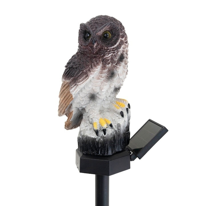 Lampa solara tip bufnita, cu iluminare LED, din ABS, cu senzor de lumina, fixare tip tarus, dimensiuni 9 x 7 x 45 cm, maro/negru