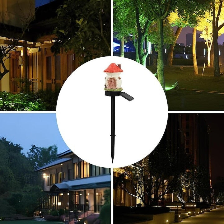Lampa solara tip casuta de gradina, impermeabila, cu lumina calda, fixare tip tarus, din ABS, rosu/crem
