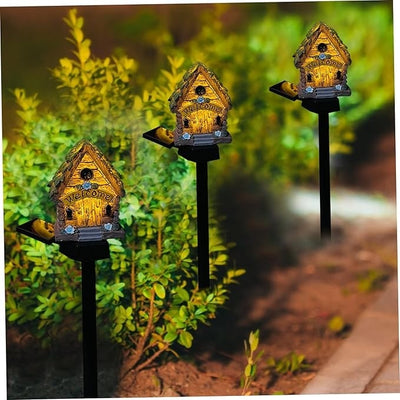Lampa solara tip casuta de gradina, impermeabila, cu lumina calda, fixare tip tarus, din ABS, negru/maro