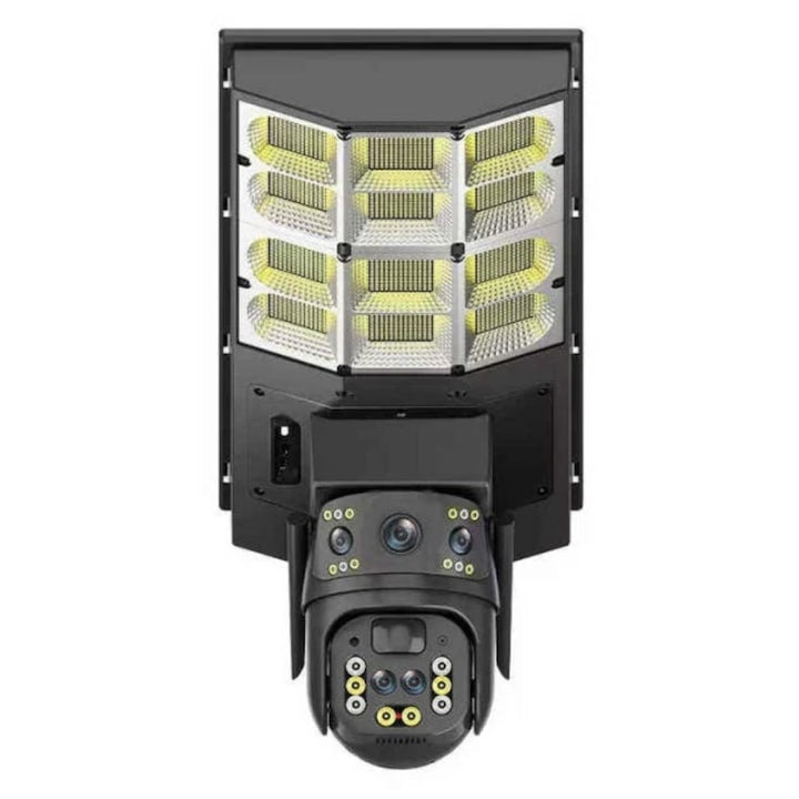 Lampa stradala solara cu camera de supraveghere tripla, conectivitate 4G, PTZ inteligent si interfon vocal bidirectional, negru