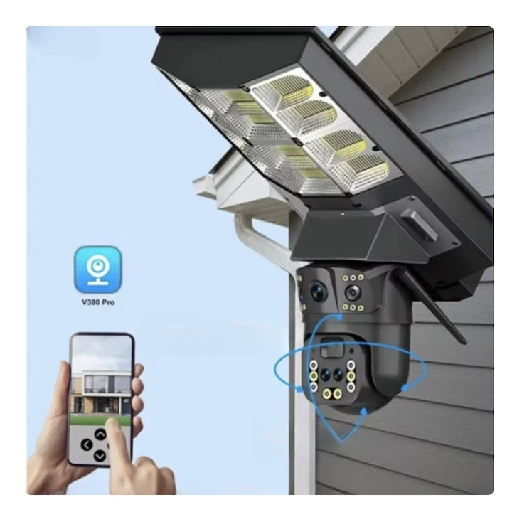 Lampa stradala solara cu camera de supraveghere tripla, conectivitate 4G, PTZ inteligent si interfon vocal bidirectional, negru